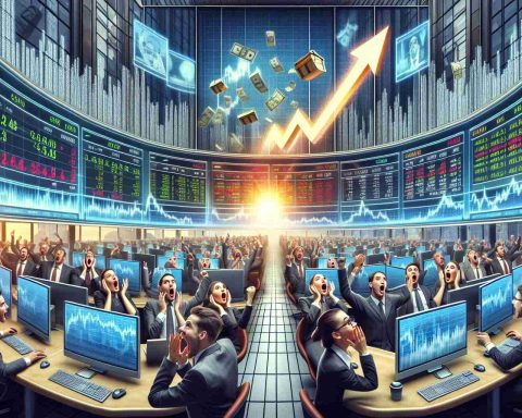 A realistic high-definition illustration representing a surprising market rally. The scene captures several emotions of people in a bustling stock exchange. The scene may include high-tech monitors displaying a dramatic increase in stock prices, open mouths and wide eyes of traders denoting surprise. Also, include graphical representation of the terms 'secret' and 'surge', perhaps through a hidden treasure chest or an upward arrow signifying a surge. Please exclude specifics of any real-life stock market or financial information.