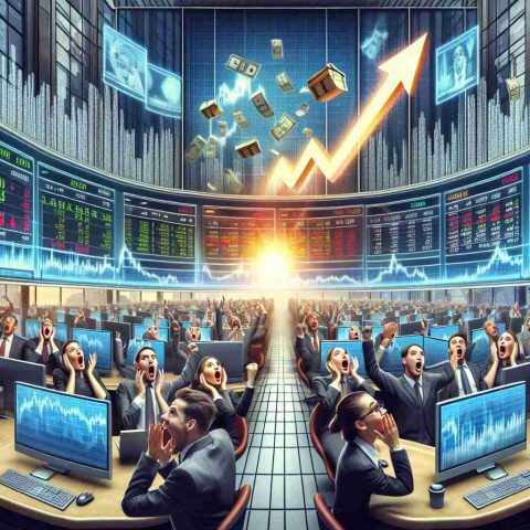 A realistic high-definition illustration representing a surprising market rally. The scene captures several emotions of people in a bustling stock exchange. The scene may include high-tech monitors displaying a dramatic increase in stock prices, open mouths and wide eyes of traders denoting surprise. Also, include graphical representation of the terms 'secret' and 'surge', perhaps through a hidden treasure chest or an upward arrow signifying a surge. Please exclude specifics of any real-life stock market or financial information.