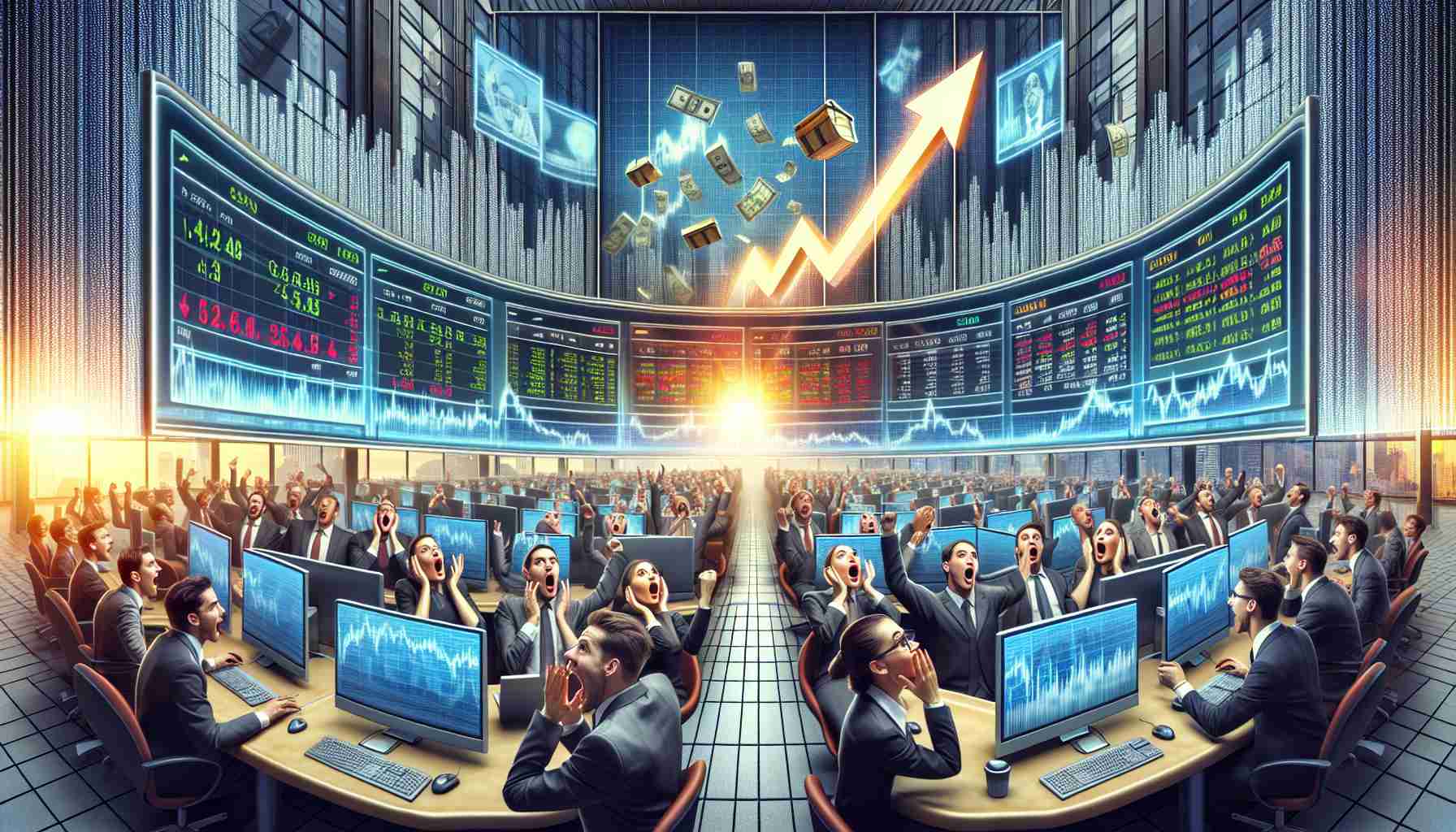 A realistic high-definition illustration representing a surprising market rally. The scene captures several emotions of people in a bustling stock exchange. The scene may include high-tech monitors displaying a dramatic increase in stock prices, open mouths and wide eyes of traders denoting surprise. Also, include graphical representation of the terms 'secret' and 'surge', perhaps through a hidden treasure chest or an upward arrow signifying a surge. Please exclude specifics of any real-life stock market or financial information.