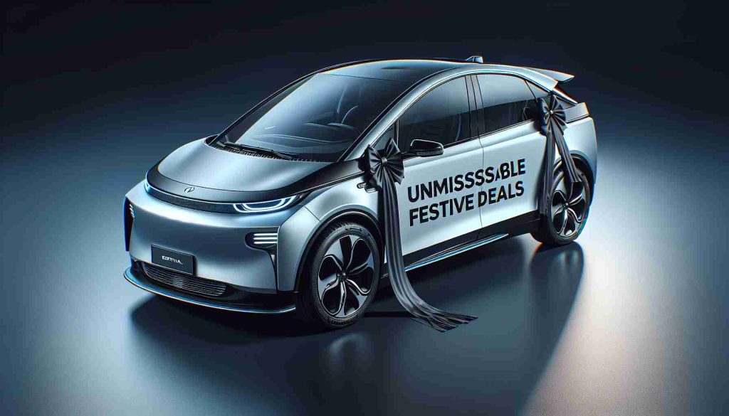 High definition, realistic image of a modern electric vehicle. The car is sleek and stylish, showcasing the advancements in electric vehicle design. There is a banner draped on the car, promoting unmissable festive deals. Please ensure the car's logo or unique design elements aren't identifiable as belonging to a particular company.