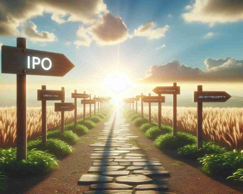 Create a realistic High Definition image showcasing the concept of 'New Milestones Ahead', representing the intriguing prospects of a generic company's Initial Public Offering (IPO) journey. The image should depict a path leading into bright, hopeful horizon symbolizing growth and prosperity, with signposts along the way indicating major milestones. The corporate logo, without any specific name, can be subtly incorporated into the scene.