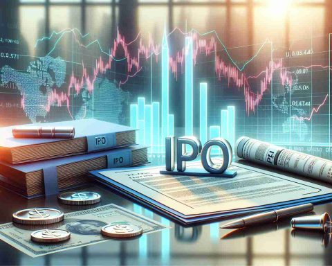 A realistic HD photo showcasing an illustrative concept of an IPO in the stock market. The image includes a close-up view of share certificates, a stock market index graph spikes, and documents with 'IPO' written on them. Soft light is shining on these elements, emphasizing the financial aspect. The backdrop could feature an abstract financial district skyline, representing the stock market itself. The overall portrayal should be clear enough to interpret the various components relating to IPO.