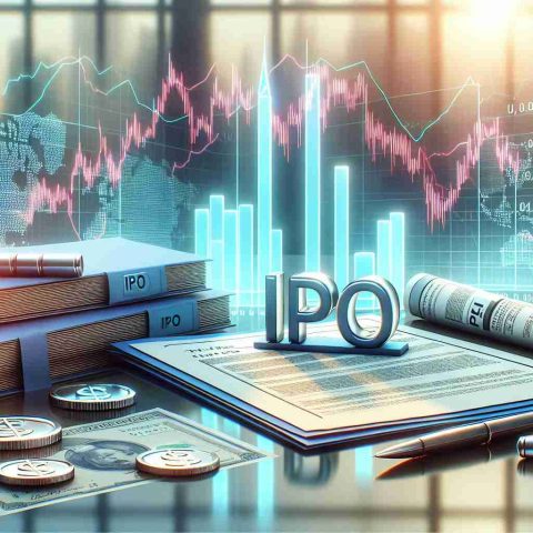 A realistic HD photo showcasing an illustrative concept of an IPO in the stock market. The image includes a close-up view of share certificates, a stock market index graph spikes, and documents with 'IPO' written on them. Soft light is shining on these elements, emphasizing the financial aspect. The backdrop could feature an abstract financial district skyline, representing the stock market itself. The overall portrayal should be clear enough to interpret the various components relating to IPO.