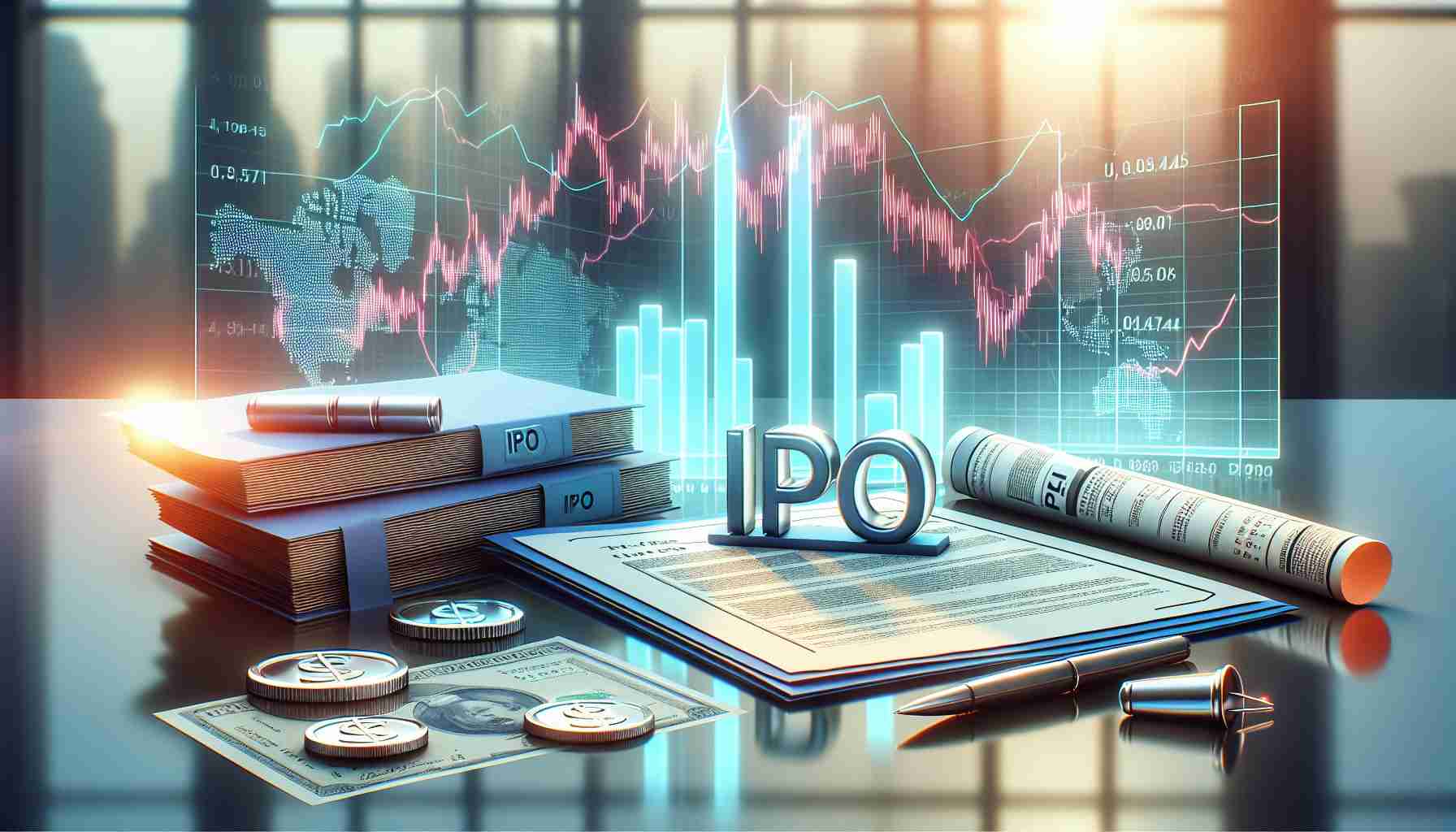 A realistic HD photo showcasing an illustrative concept of an IPO in the stock market. The image includes a close-up view of share certificates, a stock market index graph spikes, and documents with 'IPO' written on them. Soft light is shining on these elements, emphasizing the financial aspect. The backdrop could feature an abstract financial district skyline, representing the stock market itself. The overall portrayal should be clear enough to interpret the various components relating to IPO.