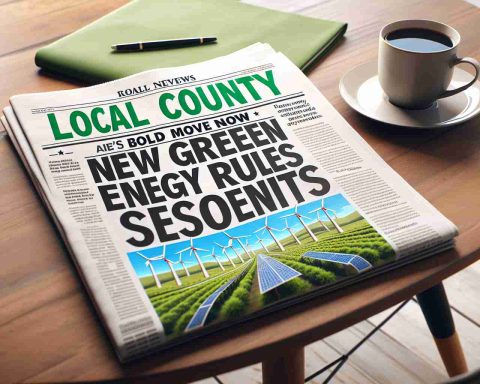 Illustrate a high-definition photo of a headline in a local newspaper featuring 'Local County’s Bold Move: New Green Energy Rules Shock Residents'. The scene should include the newspaper laid out on a table with a morning coffee cup next to it. The center of the image is a large, attention-grabbing headline text with an accompanying illustrative image of renewable energy sources like wind turbines and solar panels. The overall tone of the scene should be one of surprise and interest.