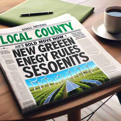 Illustrate a high-definition photo of a headline in a local newspaper featuring 'Local County’s Bold Move: New Green Energy Rules Shock Residents'. The scene should include the newspaper laid out on a table with a morning coffee cup next to it. The center of the image is a large, attention-grabbing headline text with an accompanying illustrative image of renewable energy sources like wind turbines and solar panels. The overall tone of the scene should be one of surprise and interest.