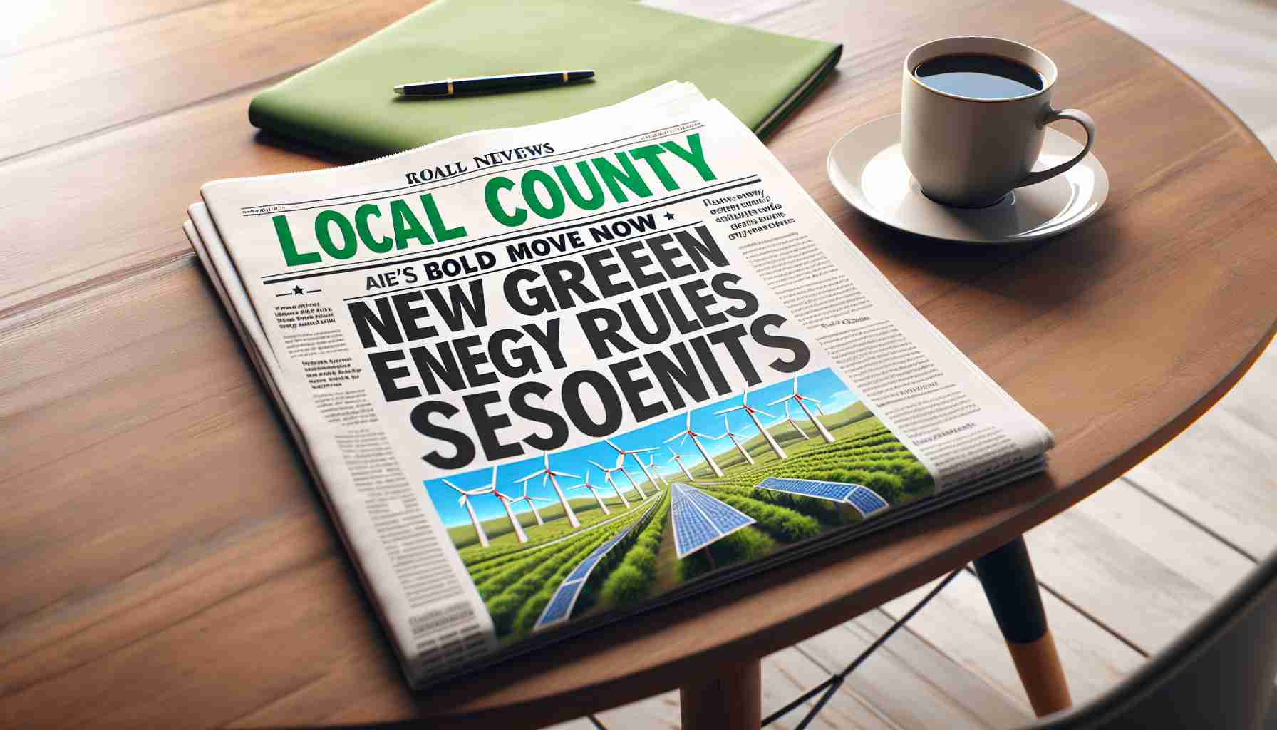 Illustrate a high-definition photo of a headline in a local newspaper featuring 'Local County’s Bold Move: New Green Energy Rules Shock Residents'. The scene should include the newspaper laid out on a table with a morning coffee cup next to it. The center of the image is a large, attention-grabbing headline text with an accompanying illustrative image of renewable energy sources like wind turbines and solar panels. The overall tone of the scene should be one of surprise and interest.