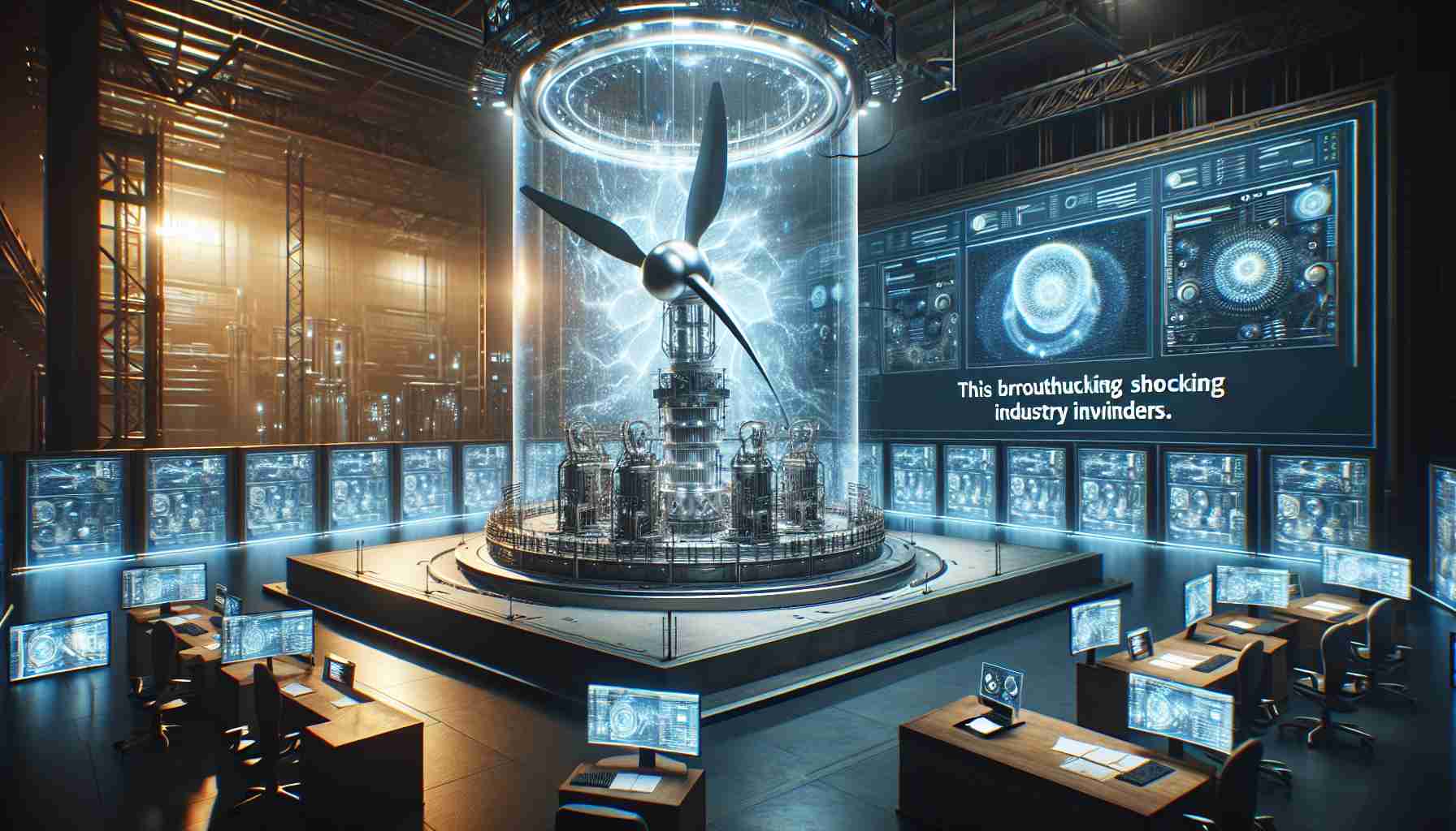 A high-definition, realistic illustration depicting a groundbreaking energy innovation. Imagine a scene in which this breakthrough technology is shocking industry insiders. The setting is filled with advanced machinery, screens displaying complex data, and a prototype of the revolutionary invention at its center.