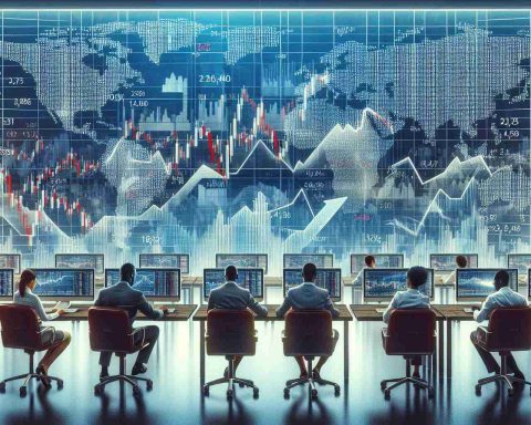 An illustrative, high-definition image that captures the essence of how the stock exchange operates. It should show prospective investors at their computers, observing dynamic charts, numbers, graphs, and news updates. The setting should be a modern office with diverse workers, some African, Asian, and Caucasian men and women, all engaged in research and decision-making. Also, depict the symbolic elements of the stock exchange, a wall with global markets data, the rising and falling arrows symbolizing the volatility.