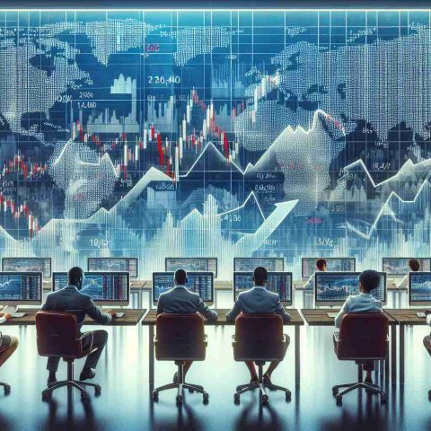 An illustrative, high-definition image that captures the essence of how the stock exchange operates. It should show prospective investors at their computers, observing dynamic charts, numbers, graphs, and news updates. The setting should be a modern office with diverse workers, some African, Asian, and Caucasian men and women, all engaged in research and decision-making. Also, depict the symbolic elements of the stock exchange, a wall with global markets data, the rising and falling arrows symbolizing the volatility.