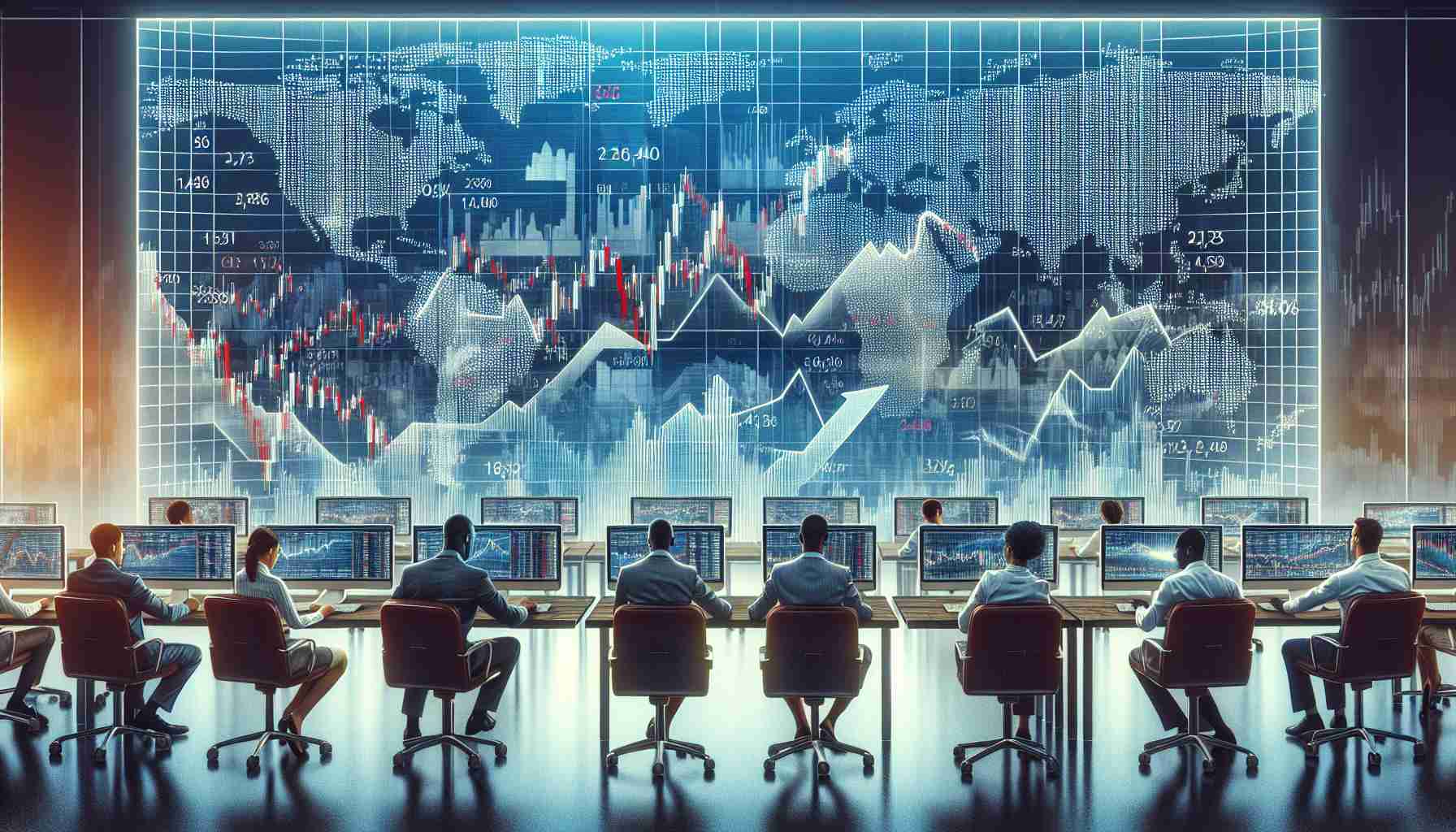 An illustrative, high-definition image that captures the essence of how the stock exchange operates. It should show prospective investors at their computers, observing dynamic charts, numbers, graphs, and news updates. The setting should be a modern office with diverse workers, some African, Asian, and Caucasian men and women, all engaged in research and decision-making. Also, depict the symbolic elements of the stock exchange, a wall with global markets data, the rising and falling arrows symbolizing the volatility.