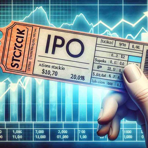 A detailed and realistic HD illustration of a metaphorical ticket with 'IPO Stocks' written on it. The ticket is set against the backdrop of increasing stock market and financial graphs, symbolizing high returns.