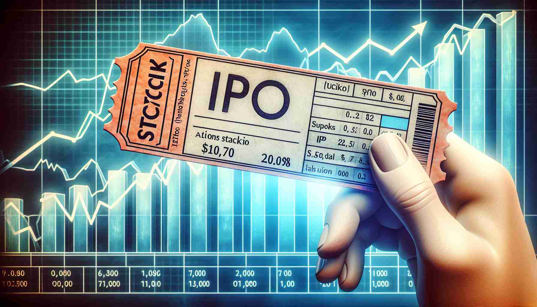 A detailed and realistic HD illustration of a metaphorical ticket with 'IPO Stocks' written on it. The ticket is set against the backdrop of increasing stock market and financial graphs, symbolizing high returns.