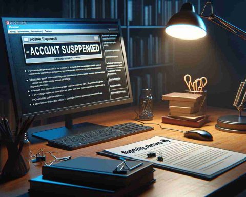 A highly detailed and realistic image depicting the concept of an online account suspension. The scene should include a computer screen showing a suspension notice with the text 'Account Suspended'. Beside the computer, there should be a document titled 'Surprising Reasons Why', filled with unexpected reasons for account suspensions, such as over-activity or uncommon locations. The setting should be a study room at night, with a desk lamp illuminating the computer and document.