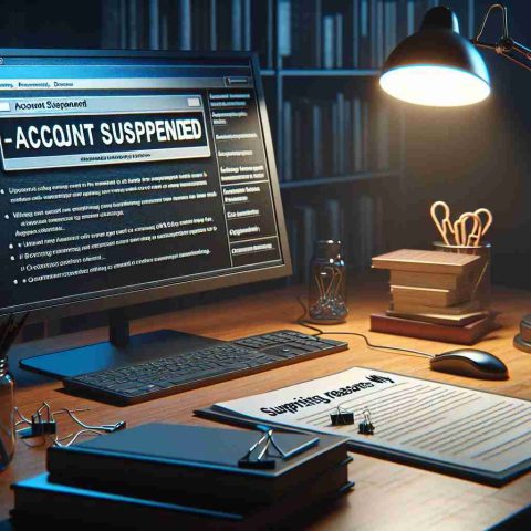 A highly detailed and realistic image depicting the concept of an online account suspension. The scene should include a computer screen showing a suspension notice with the text 'Account Suspended'. Beside the computer, there should be a document titled 'Surprising Reasons Why', filled with unexpected reasons for account suspensions, such as over-activity or uncommon locations. The setting should be a study room at night, with a desk lamp illuminating the computer and document.