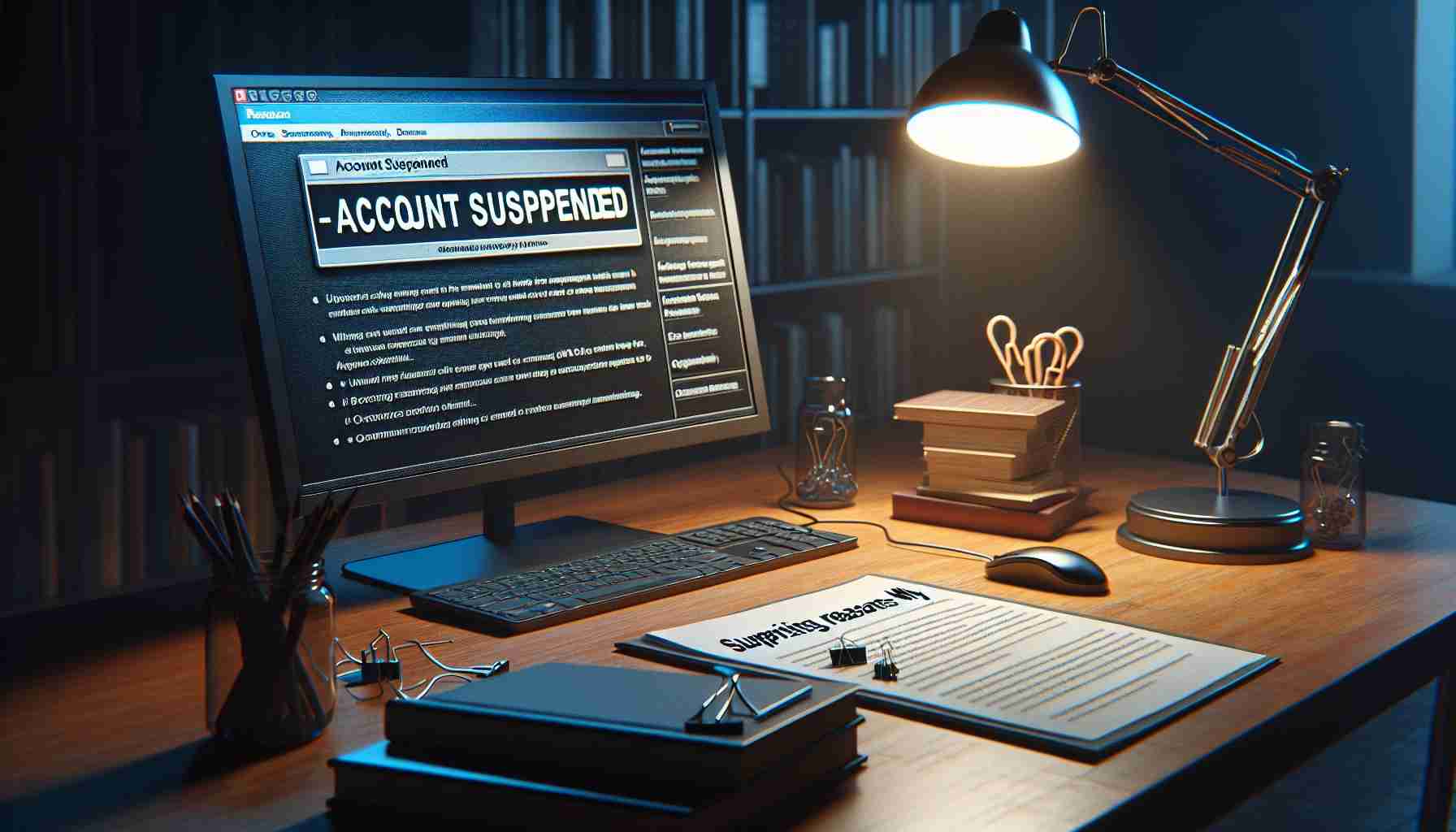 A highly detailed and realistic image depicting the concept of an online account suspension. The scene should include a computer screen showing a suspension notice with the text 'Account Suspended'. Beside the computer, there should be a document titled 'Surprising Reasons Why', filled with unexpected reasons for account suspensions, such as over-activity or uncommon locations. The setting should be a study room at night, with a desk lamp illuminating the computer and document.