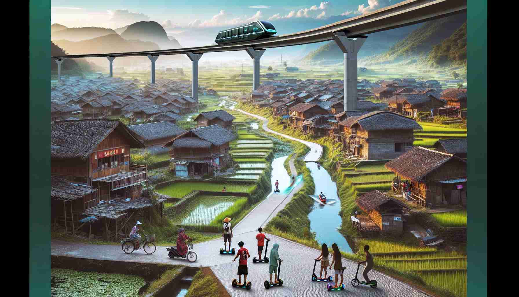 Generate an image of a village being transformed through innovative transportation methods. Picture a rustic setting with traditional homes scattered across lush green fields and meandering streams. Visualize an ultramodern monorail system gliding silently overhead, hoverboards being used by villagers of diverse descents and genders, and autonomous vehicles navigating the narrow village lanes. Paved cycle trails and electric charging stations dot the landscape. A new age has dawned for this village, seamlessly blending the old with the new, tradition with technology.