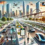 Create a detailed, high-resolution image depicting innovative technologies that are transforming urban transportation. Picture a bustling cityscape where drones take to the skies, autonomous electric cars navigate agilely through traffic, and pedestrians zip by on electric scooters. High-speed hyperloop pods can be seen in the distance preparing for departure, while augmented reality signage enhances the mobility information for travelers. Bike sharing stations and electric charging ports dot the landscape, reinforcing the idea of green energy and sustainable transport. The scene illustrates both the present reality and future promise of urban mobility.