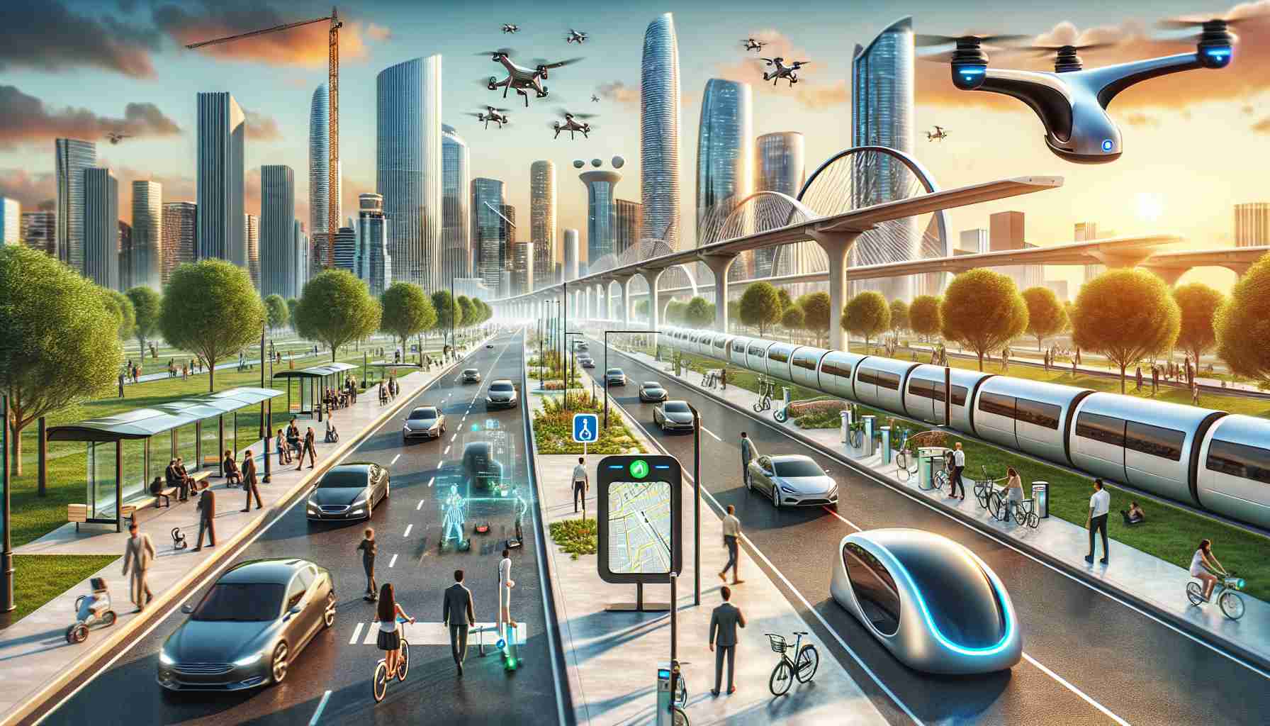 Create a detailed, high-resolution image depicting innovative technologies that are transforming urban transportation. Picture a bustling cityscape where drones take to the skies, autonomous electric cars navigate agilely through traffic, and pedestrians zip by on electric scooters. High-speed hyperloop pods can be seen in the distance preparing for departure, while augmented reality signage enhances the mobility information for travelers. Bike sharing stations and electric charging ports dot the landscape, reinforcing the idea of green energy and sustainable transport. The scene illustrates both the present reality and future promise of urban mobility.