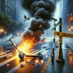 HD quality image depicting a dangerous situation in New York City where an e-scooter has caught fire on a busy street. The scene is tragic as it implies a fatal accident. The e-scooter is ablaze, discharging beams of sparking light and smog, adding to the realism of the scene. A caution tape indirectly suggests an unfortunate ending to the incident. No humans are visible in this picture to maintain respect for the somber situation.