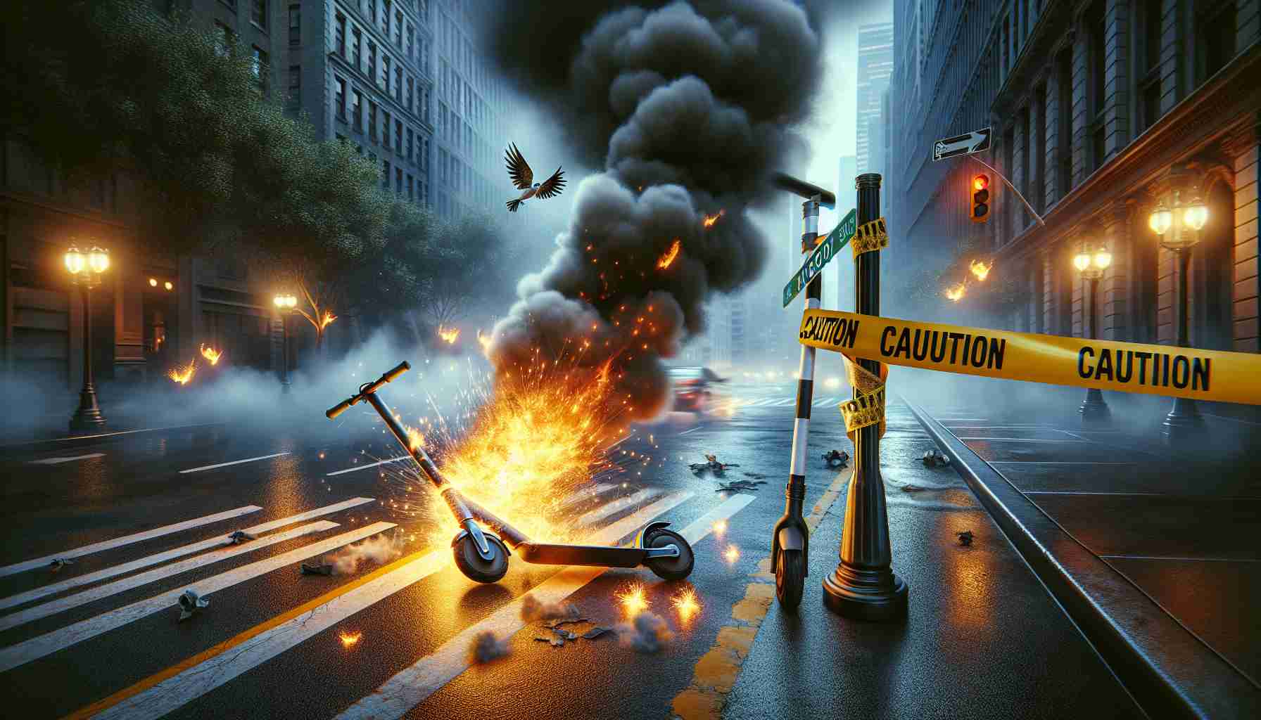 HD quality image depicting a dangerous situation in New York City where an e-scooter has caught fire on a busy street. The scene is tragic as it implies a fatal accident. The e-scooter is ablaze, discharging beams of sparking light and smog, adding to the realism of the scene. A caution tape indirectly suggests an unfortunate ending to the incident. No humans are visible in this picture to maintain respect for the somber situation.