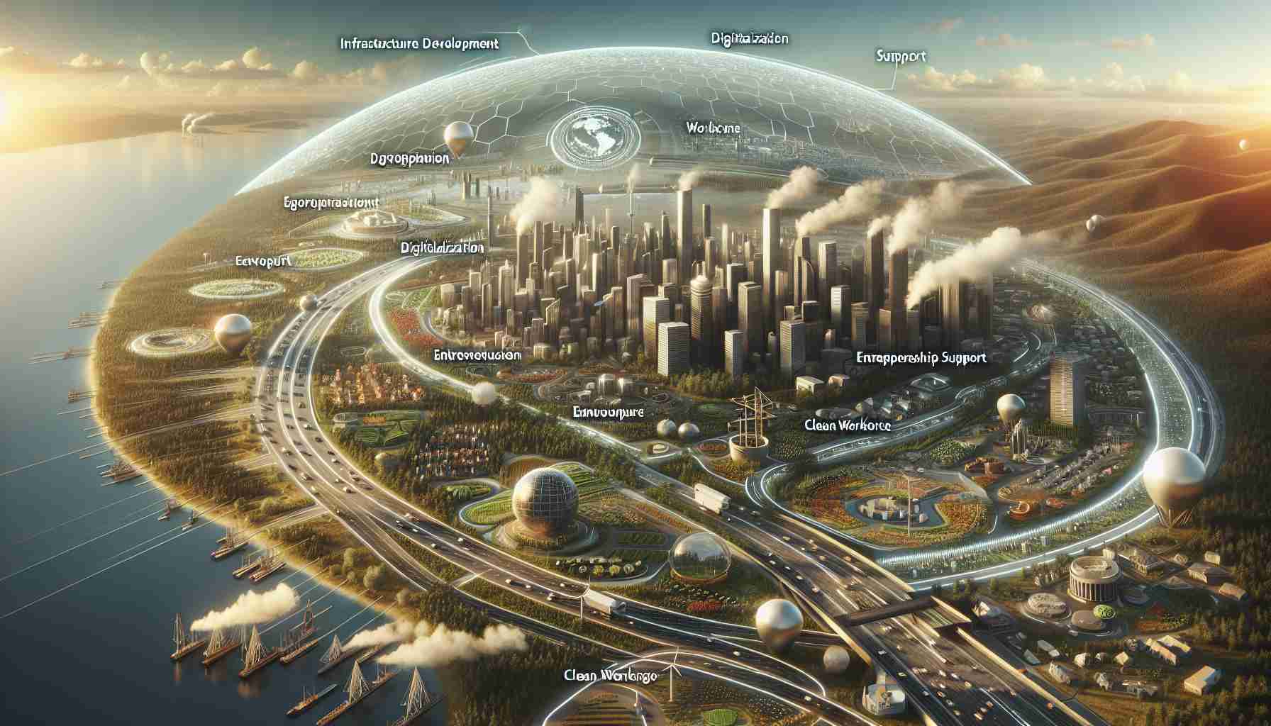 A detailed and realistic high definition representation of hypothetical government initiatives in 2025 that aim to stimulate economic recovery. The image should depict a robust economic landscape, showing elements like infrastructure development projects, digitalization programs, entrepreneurship support schemes, diverse workforce, and clean energy initiatives. Make sure the image exudes hope, growth, and resilience.