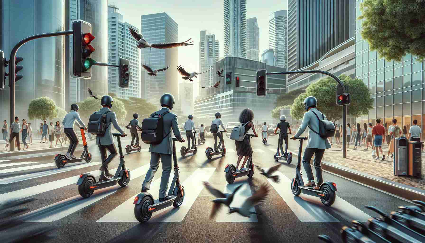 Realistic HD image showcasing a new age of urban mobility: a busy city street buzzing with electric scooters. Some riders are zooming past, while others are starting or stopping their rides. Various demographics are depicted: a South Asian male in a business suit, a Black female wearing a helmet and backpack, and a Caucasian man casually dressed. The cityscape in the background adds to the bustle, comprised of buildings, traffic lights, and pedestrians. The technology powering these scooters is emphasized, with a special attention to the sleek design and non-emissive power of these electric vehicles.