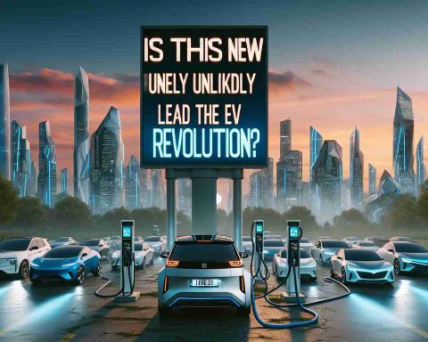 A high-definition, realistic image of the title 'Is This the New Unlikely Leader in the EV Revolution?' written in bold, eye-catching letters. Background includes a dynamic scene of electric vehicles of various types lining up at a charging station, with futuristic cityscape and tall, sleek buildings as a backdrop. The late evening sky is streaked with hues of a setting sun.