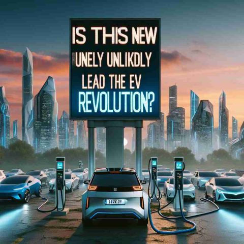 A high-definition, realistic image of the title 'Is This the New Unlikely Leader in the EV Revolution?' written in bold, eye-catching letters. Background includes a dynamic scene of electric vehicles of various types lining up at a charging station, with futuristic cityscape and tall, sleek buildings as a backdrop. The late evening sky is streaked with hues of a setting sun.