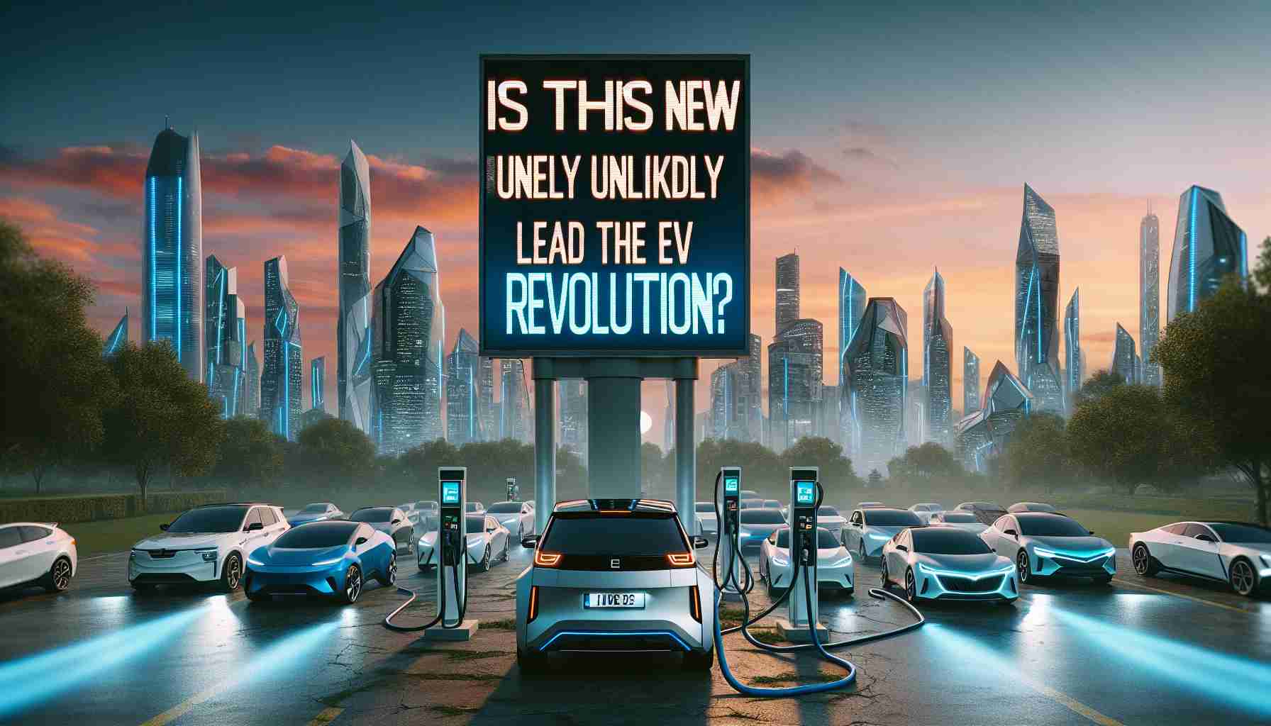 A high-definition, realistic image of the title 'Is This the New Unlikely Leader in the EV Revolution?' written in bold, eye-catching letters. Background includes a dynamic scene of electric vehicles of various types lining up at a charging station, with futuristic cityscape and tall, sleek buildings as a backdrop. The late evening sky is streaked with hues of a setting sun.