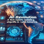 Create a realistic, high-definition image that represents the AI Revolution in Latin America. The image should portray a tech report showing surprising shifts in the aspects of technology, with a bold headline that says 'AI Revolution: A Tech Report Reveals Surprising Shifts in Latin America'. Include charts, diagrams, maps of Latin America with marked tech hubs, and complex data visualisations concerning AI development. The overall tone should be futuristic and informative.