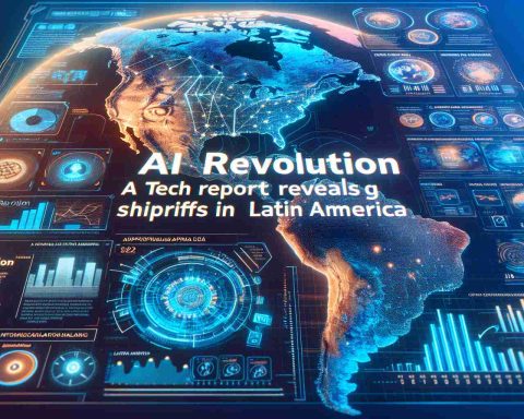 Create a realistic, high-definition image that represents the AI Revolution in Latin America. The image should portray a tech report showing surprising shifts in the aspects of technology, with a bold headline that says 'AI Revolution: A Tech Report Reveals Surprising Shifts in Latin America'. Include charts, diagrams, maps of Latin America with marked tech hubs, and complex data visualisations concerning AI development. The overall tone should be futuristic and informative.