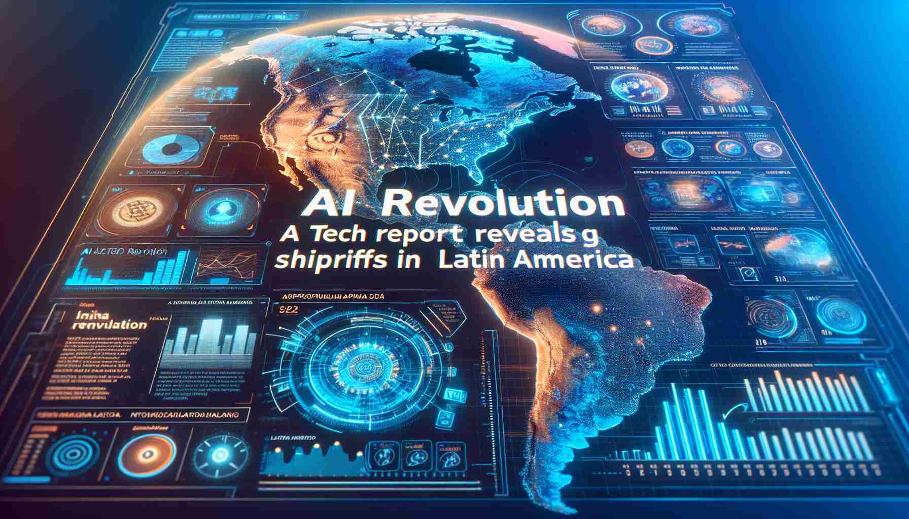 Create a realistic, high-definition image that represents the AI Revolution in Latin America. The image should portray a tech report showing surprising shifts in the aspects of technology, with a bold headline that says 'AI Revolution: A Tech Report Reveals Surprising Shifts in Latin America'. Include charts, diagrams, maps of Latin America with marked tech hubs, and complex data visualisations concerning AI development. The overall tone should be futuristic and informative.