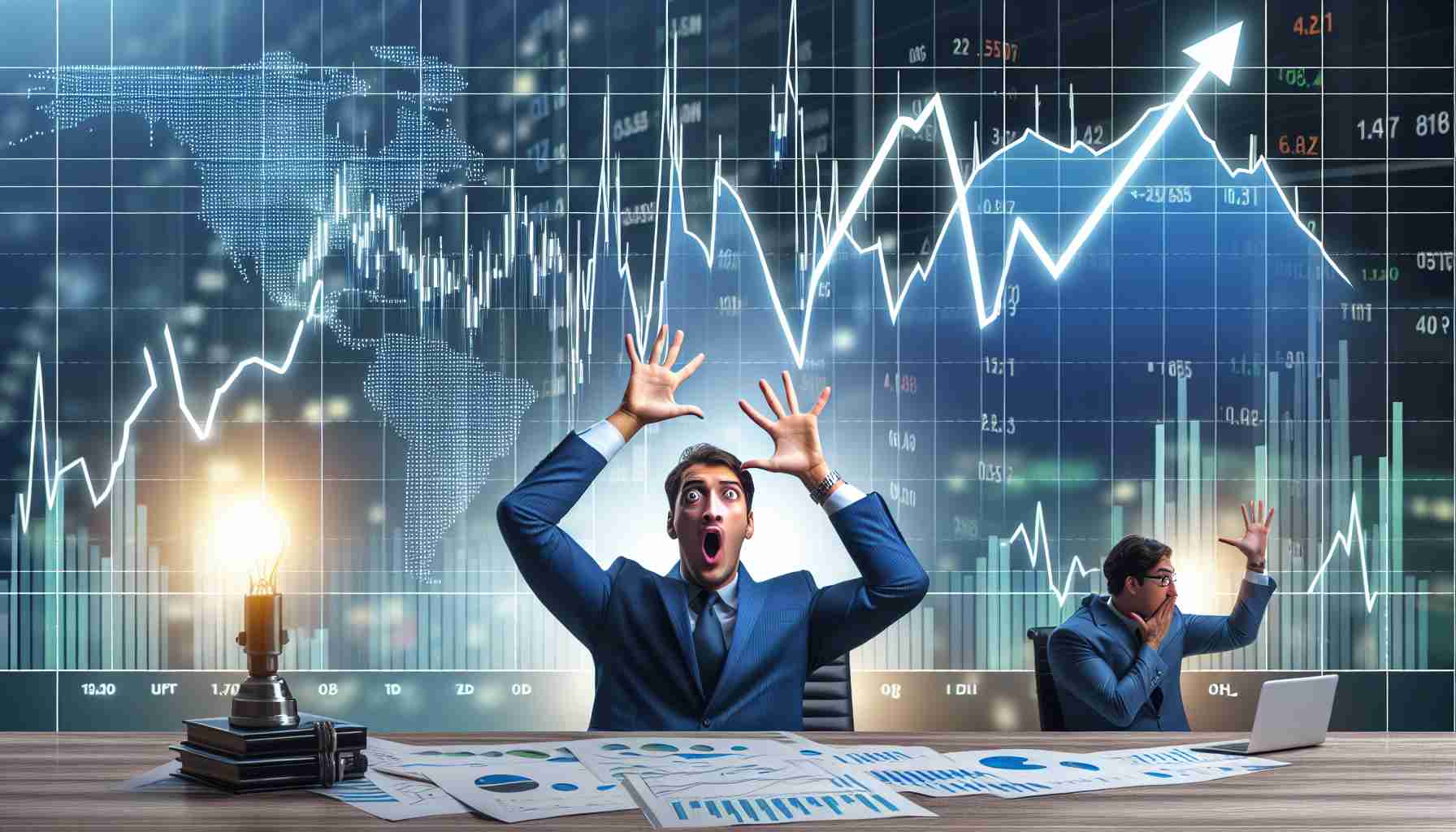 Realistic HD picture of a surprise expressed on the stock market graph involving the energy sector, with a focus on unexpected fluctuations represented by sharp increases and decreases. The image should include a detailed view of the fluctuating line graph, stock market indices, and maybe even some financial analysts in suits analyzing the graph in the background. The graph would show the unpredictable movements of energy stocks, specifically.