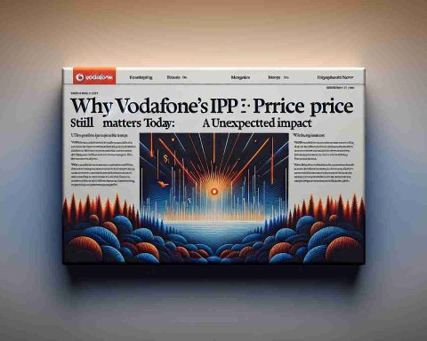 A high-definition image simulating a headline. The image contains an engaging and stylishly designed title saying 'Why Vodafone's IPO Price Still Matters Today: An Unexpected Impact'. The background is a subtle gradient effect of the Vodafone brand colors, with subtle visual elements symbolizing finance and telecommunications.