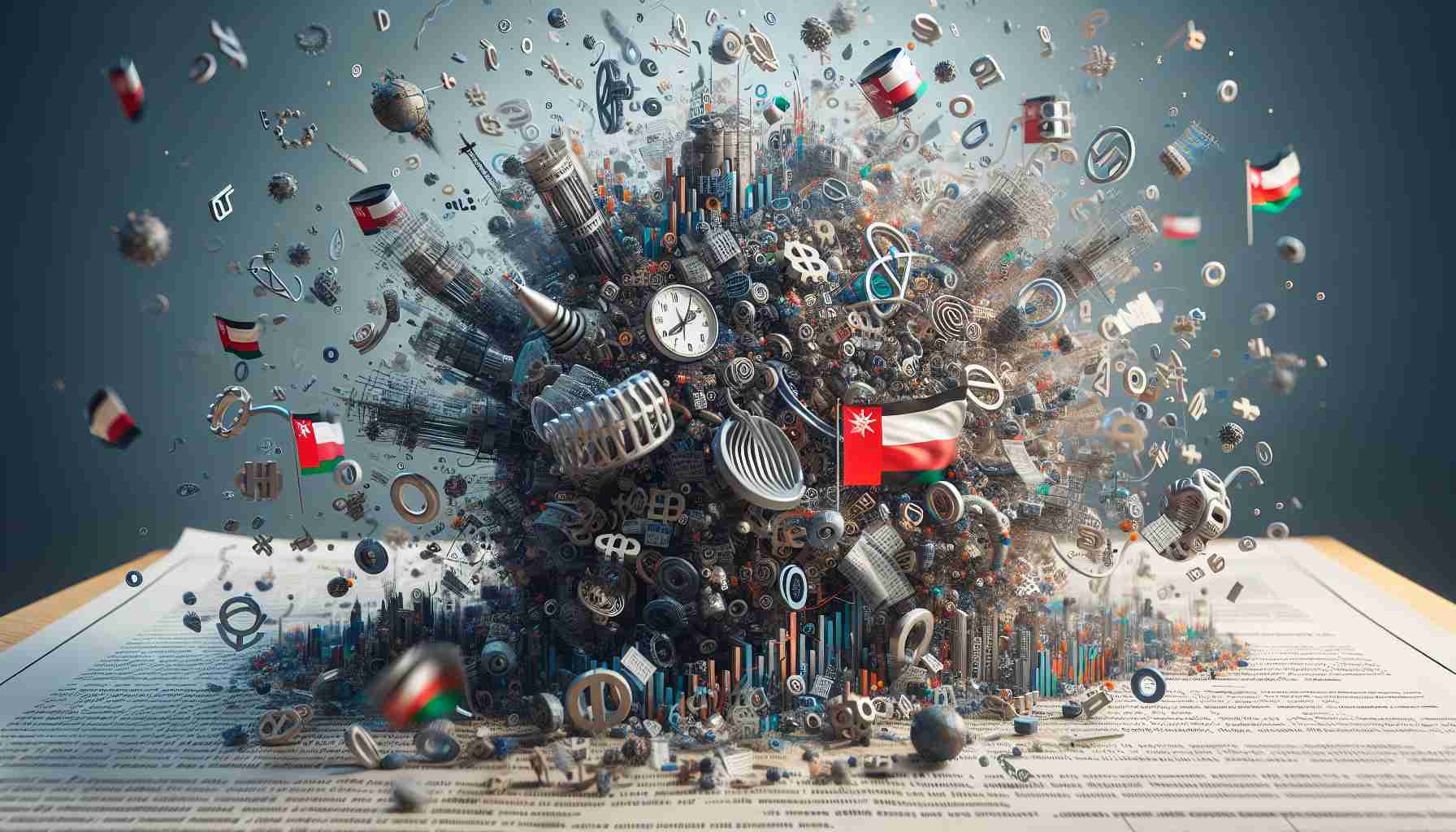 A high-definition, realistic visualization of a metaphorical 'Oil Market Turbulence'. Imagine abstract symbols of economics, international trade and oil industry, strewn in a chaotic manner, representing the uncertainty, volatility and a sudden unexpected turn in the market. There is a document or newspaper headline in the forefront mentioning 'Unexpected Turn in Oman's $2-Billion IPO'.