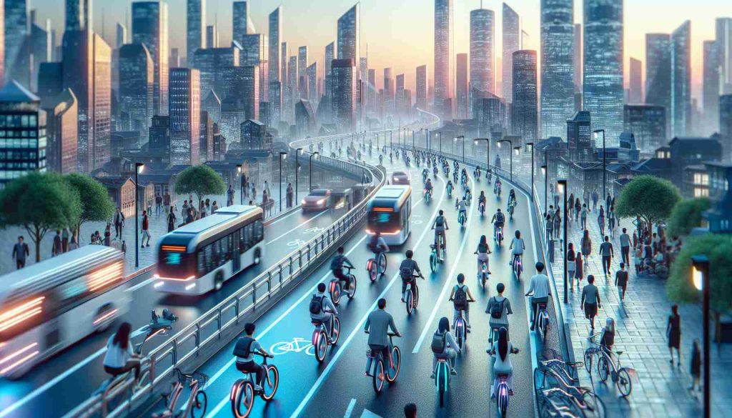 Generate a detailed and realistic high-definition image depicting urban mobility revolution through sustainable e-bike solutions. This should include a futuristic cityscape bustling with eco-conscious commuters riding elegantly designed e-bikes. The city infrastructure is adapted to promote e-bike use, with dedicated e-bike lanes, charging stations, and bike racks. The scene focuses on the lifestyle of various genders and races who have embraced this sustainable mode of transportation, highlighting the diversity of the urban population.