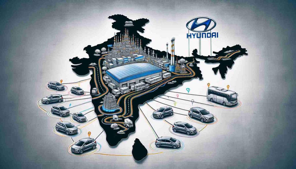 A high-definition, realistic image showcasing Hyundai's expansion plans in India. This conceptual image could depict a detailed drawn map of India with various Hyundai car models and scale models of Hyundai factories strategically placed across different regions. The image might also include symbolic elements such as roads, a network of lines, or markers to represent distribution networks and potential future locations for expansion. Overlaying these, the Hyundai logo and some text related to their expansion strategy.