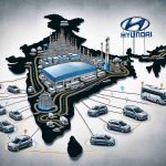 A high-definition, realistic image showcasing Hyundai's expansion plans in India. This conceptual image could depict a detailed drawn map of India with various Hyundai car models and scale models of Hyundai factories strategically placed across different regions. The image might also include symbolic elements such as roads, a network of lines, or markers to represent distribution networks and potential future locations for expansion. Overlaying these, the Hyundai logo and some text related to their expansion strategy.