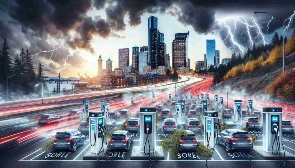 Generate a hyper-realistic high-definition image that portrays the scenario of Seattle's most ambitious Electric Vehicle initiative on hold. The image should capture a cityscape of Seattle with charging stations scattered around but not in use, reflecting the stagnancy. The contrast between a buzzing city and non-utilized charging stations should effectively communicate the project's limbo state.