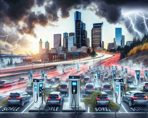 Generate a hyper-realistic high-definition image that portrays the scenario of Seattle's most ambitious Electric Vehicle initiative on hold. The image should capture a cityscape of Seattle with charging stations scattered around but not in use, reflecting the stagnancy. The contrast between a buzzing city and non-utilized charging stations should effectively communicate the project's limbo state.