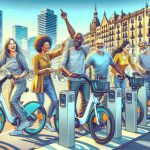 An HD illustration showing an innovative electric bike share program being introduced in Barcelona. The picture showcases diverse citizens of Barcelona, including Caucasian, Black and Middle-Eastern men and women, enthusiastically using these electric bikes on a sunny day. The background captures the vibrant city landscape of Barcelona featuring its unique architecture and lively streets. Various electric bikes are shown, docked at modern, sleek bike-sharing stations, illustrating the efficient use of sustainable transportation in an urban setting.