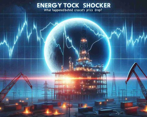 Create an HD realistic illustration showcasing the concept of a dramatic drop in energy stock. Show a line graph plummeting against a backdrop of an energy industry symbol such as a crescent-shaped oil rig, operations in the moonlight. The scene should give a sense of uncertainty and shock. Include a headline text saying 'Energy Stock Shocker: What Happened Behind Crescent’s Price Drop?'