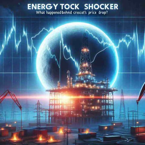 Create an HD realistic illustration showcasing the concept of a dramatic drop in energy stock. Show a line graph plummeting against a backdrop of an energy industry symbol such as a crescent-shaped oil rig, operations in the moonlight. The scene should give a sense of uncertainty and shock. Include a headline text saying 'Energy Stock Shocker: What Happened Behind Crescent’s Price Drop?'