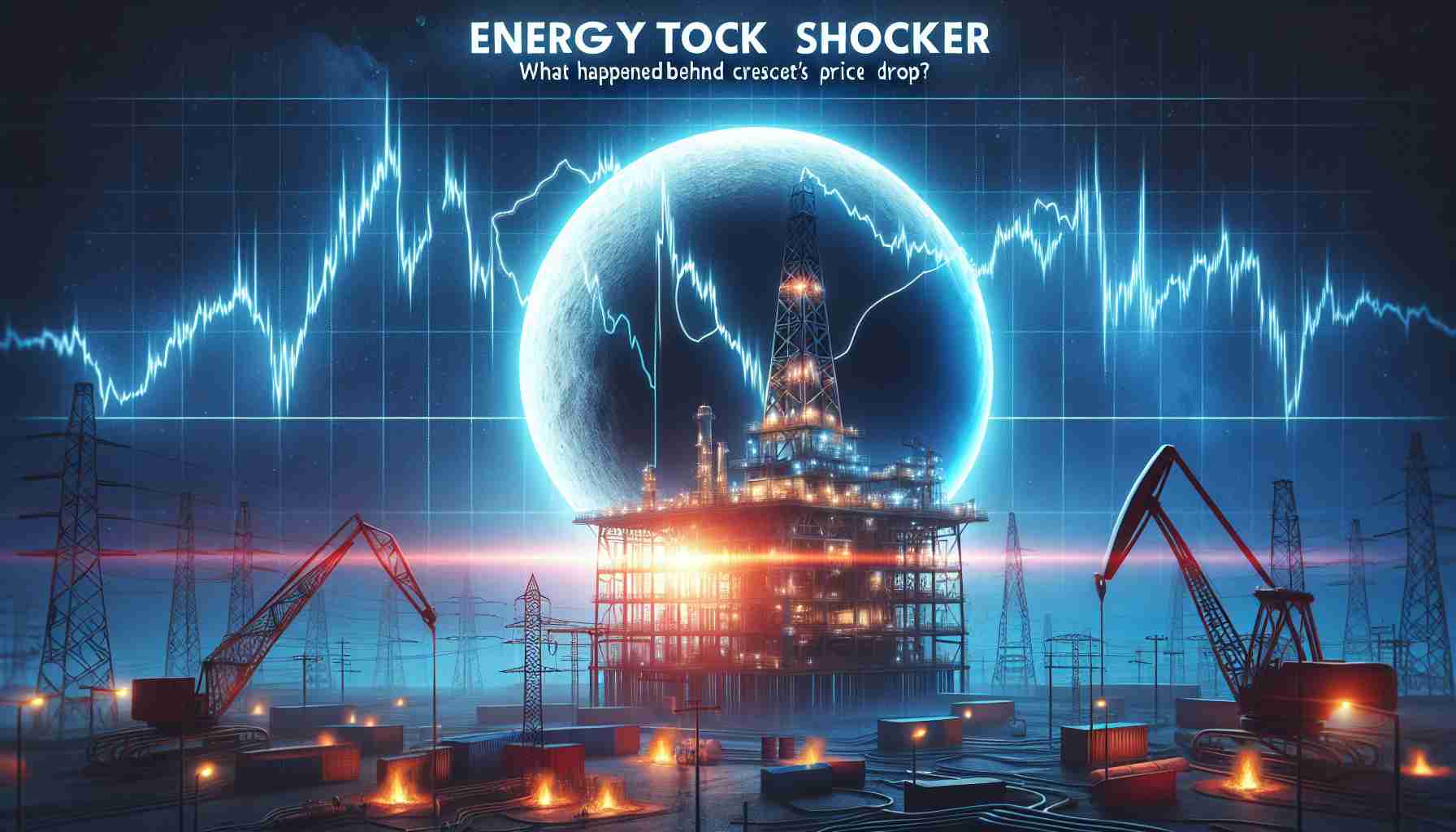 Create an HD realistic illustration showcasing the concept of a dramatic drop in energy stock. Show a line graph plummeting against a backdrop of an energy industry symbol such as a crescent-shaped oil rig, operations in the moonlight. The scene should give a sense of uncertainty and shock. Include a headline text saying 'Energy Stock Shocker: What Happened Behind Crescent’s Price Drop?'