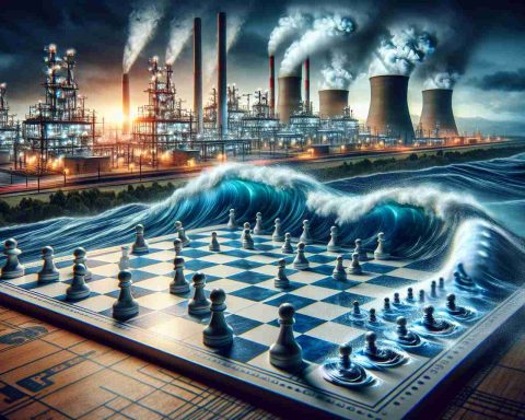 A realistic HD photo depicting the metaphor of insiders' moves at an energy corporation creating ripples or waves. In this image, imagine several symbolic pieces on a game board representing the insiders, with the energy industry illustrated as a giant power plant in the background. The act of these pieces moving should induce dramatic waves in the surrounding atmosphere, symbolizing impactful decisions and their consequences.