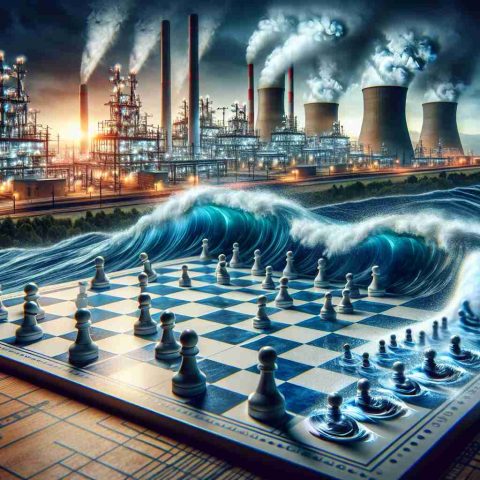 A realistic HD photo depicting the metaphor of insiders' moves at an energy corporation creating ripples or waves. In this image, imagine several symbolic pieces on a game board representing the insiders, with the energy industry illustrated as a giant power plant in the background. The act of these pieces moving should induce dramatic waves in the surrounding atmosphere, symbolizing impactful decisions and their consequences.