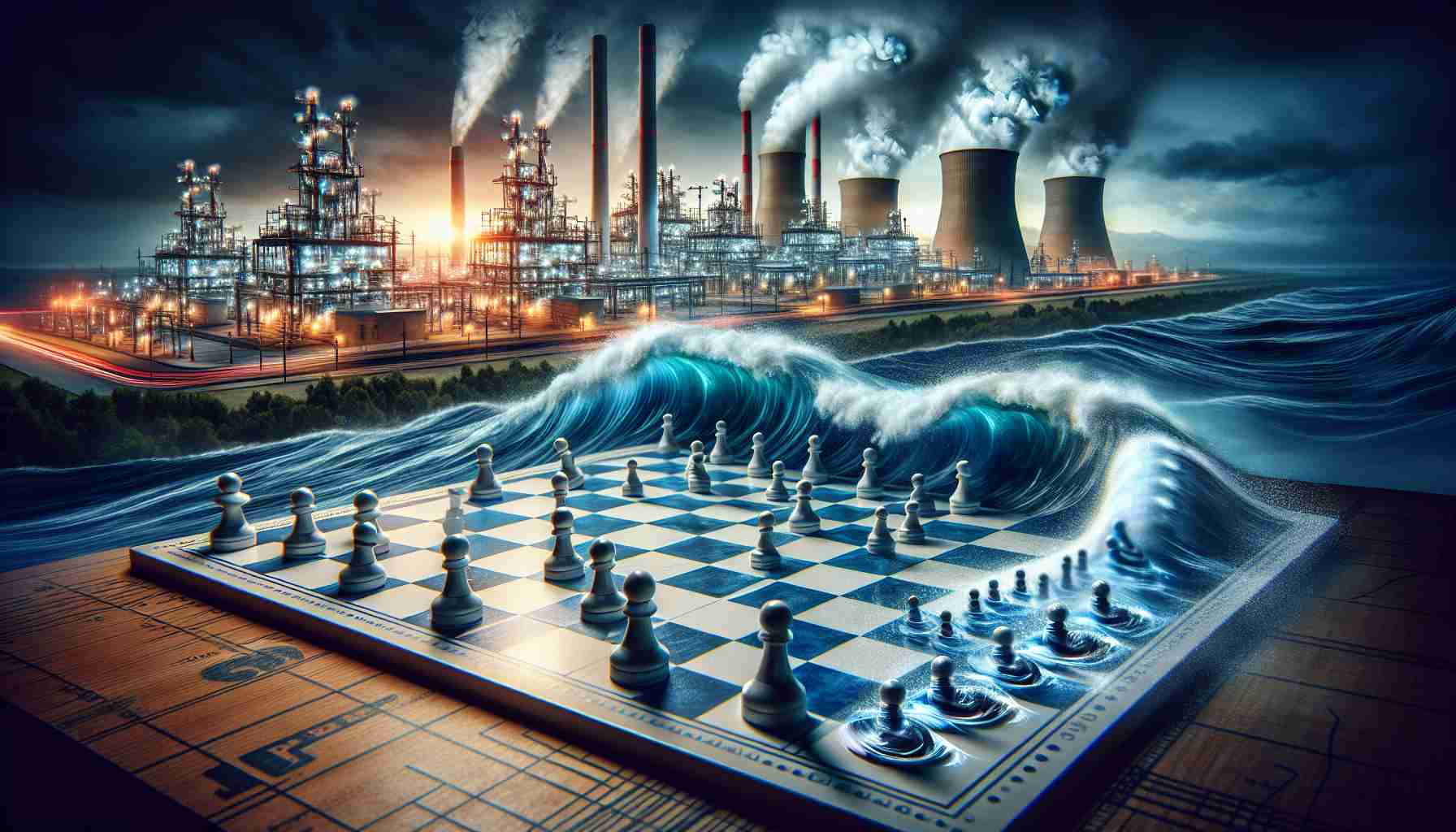 A realistic HD photo depicting the metaphor of insiders' moves at an energy corporation creating ripples or waves. In this image, imagine several symbolic pieces on a game board representing the insiders, with the energy industry illustrated as a giant power plant in the background. The act of these pieces moving should induce dramatic waves in the surrounding atmosphere, symbolizing impactful decisions and their consequences.