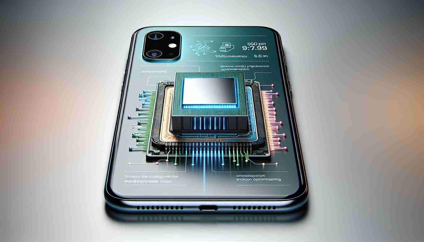 A high-definition, realistic image representing the latest breakthrough in mobile processor technology. The image should include a close-up view of a cutting-edge mobile processor, highlighting intricate details of its design. It's housed within a sleek smartphone, signifying advanced technology. Displayed on the smartphone's screen is a simple, understandable graphic explaining the processor's advanced capabilities, featuring vibrant colors to make it engaging. The image isn't showing any people.