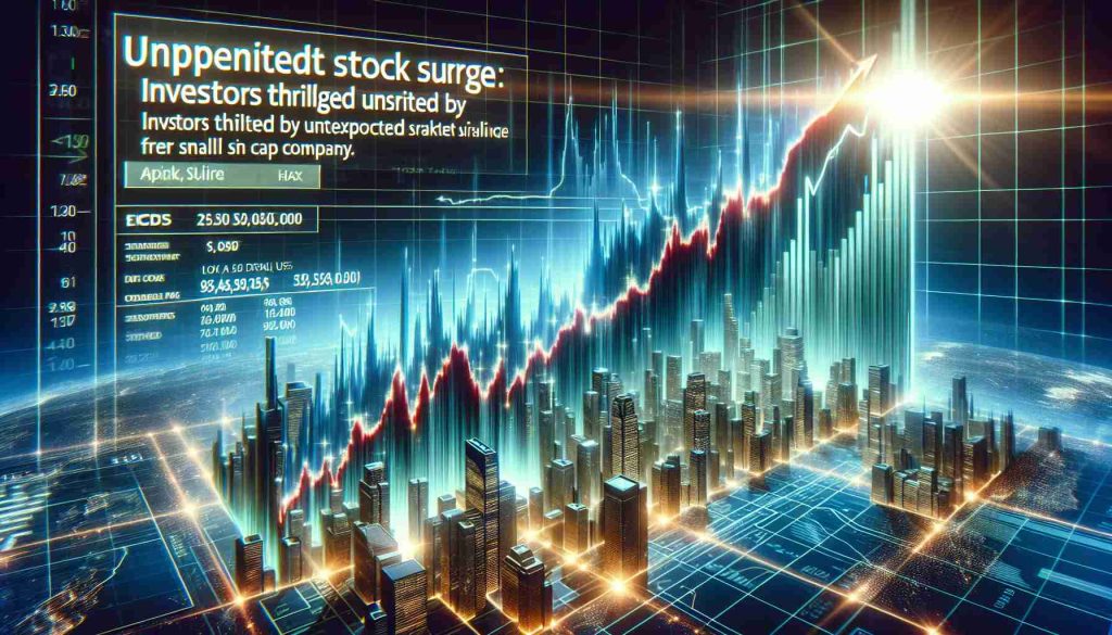 Generate a high-definition, photo-realistic image of a small, blossoming tech company making its name by presenting an unexpected and significant rise in its stock market value. Depict a graph with a sharp upward trend indicating a sudden increase in stock prices, overlaying a business news headline that reads, 'Unprecedented Stock Surge: Investors Thrilled by Unexpected Success of Small Cap Company.'